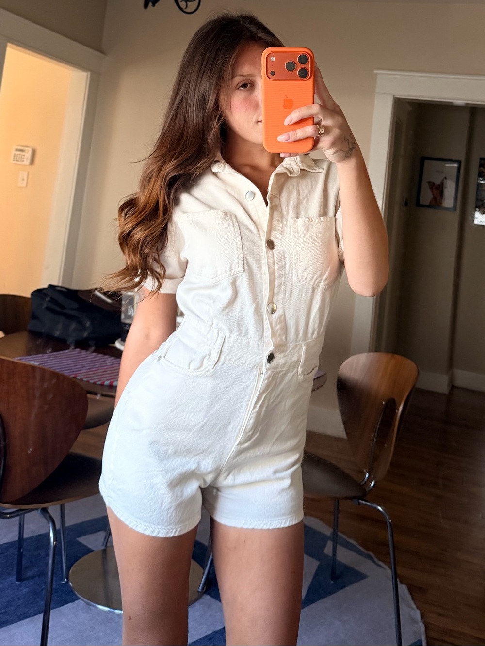 Zara Cream Short-Sleeve Denim Romper